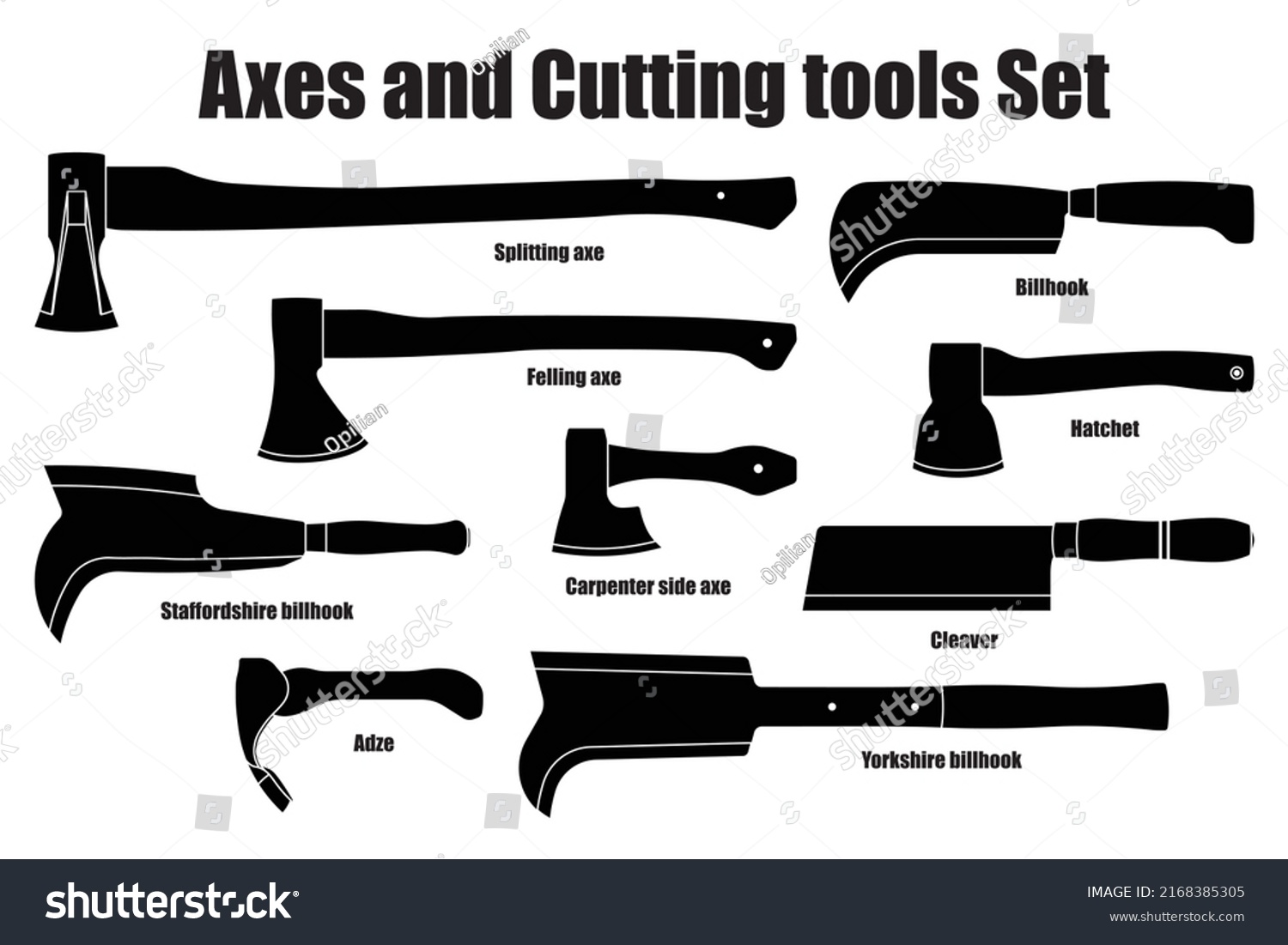 SVG of Different types of Axes and Cutting tools set isolated silhouette vectors on white background. Consists of Axe Adze Hatchet Billhook and Cleaver. Used for carpenter woodworking forest log. svg