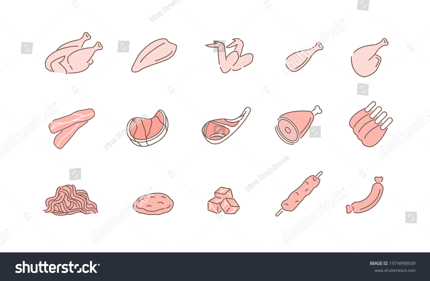 SVG of Different types of Meat. Chicken Breast, Drumsticks, Steak, Ribs and other Red Meat, Poultry and Pork Parts. Butcher Shop Symbols. Flat Line Vector Illustration and Icons set. svg