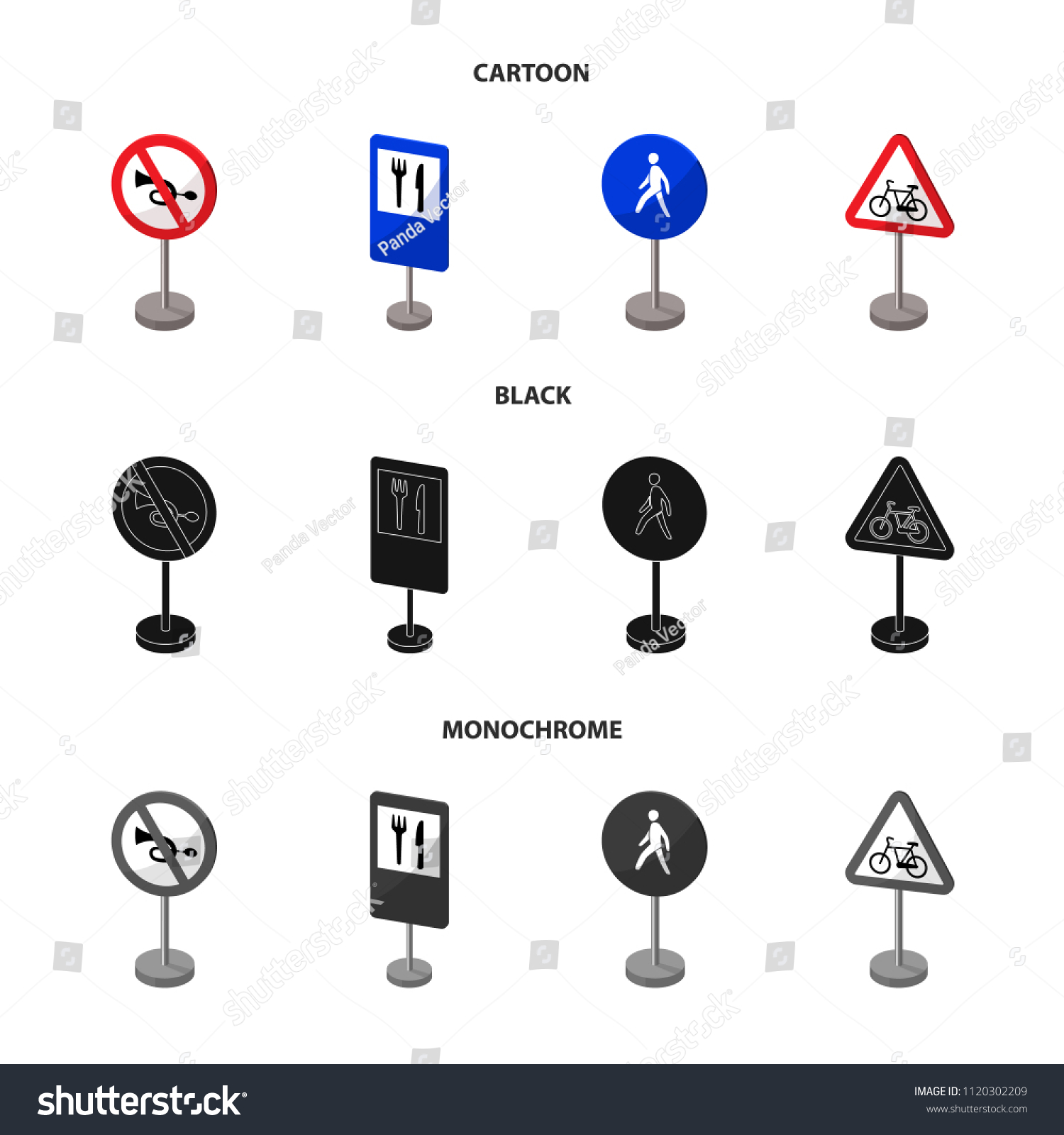 different-types-road-signs-cartoonblackmonochrome-icons-vector-de