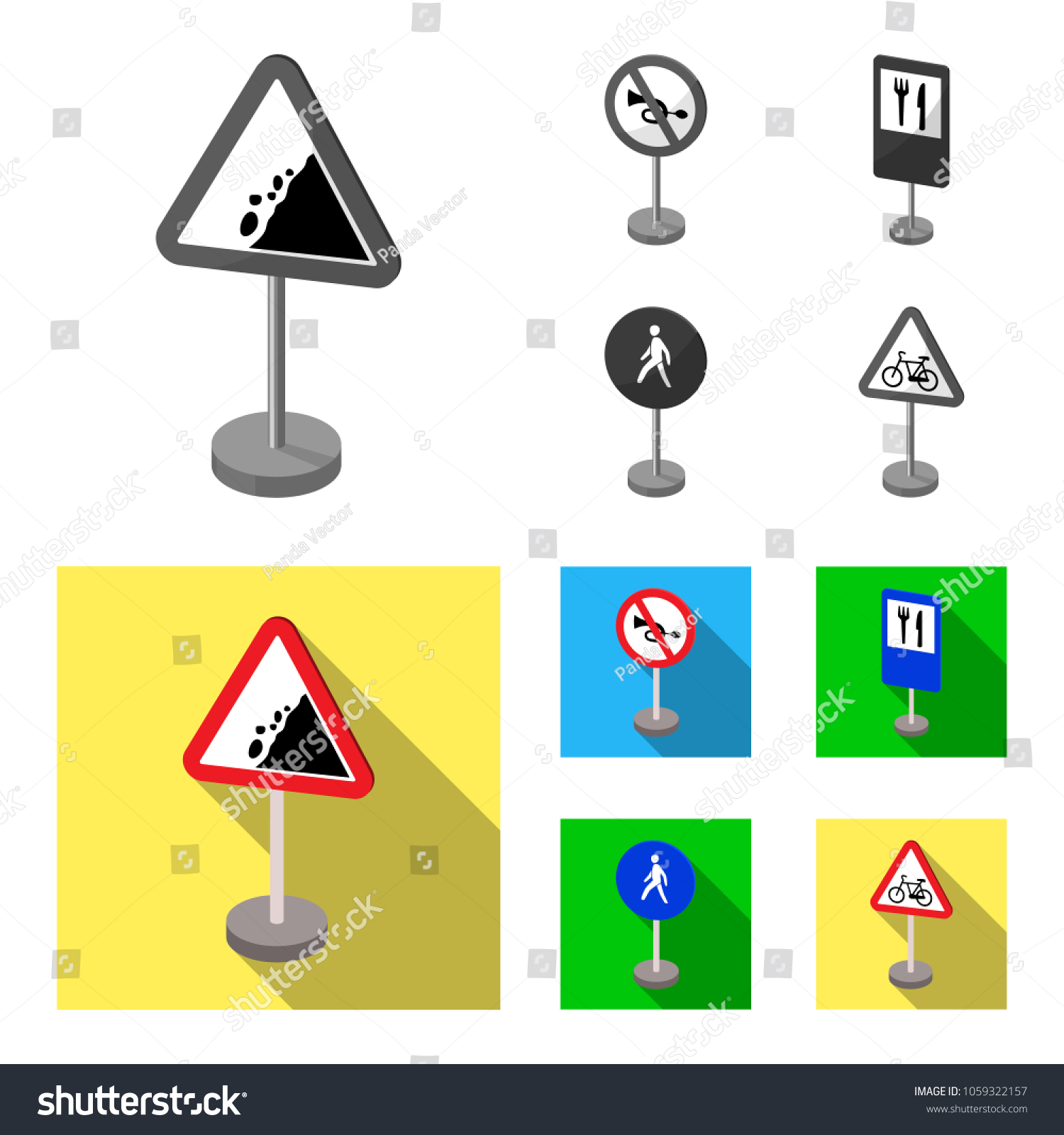 different-types-road-signs-monochromeflat-icons-stock-vektorgrafik