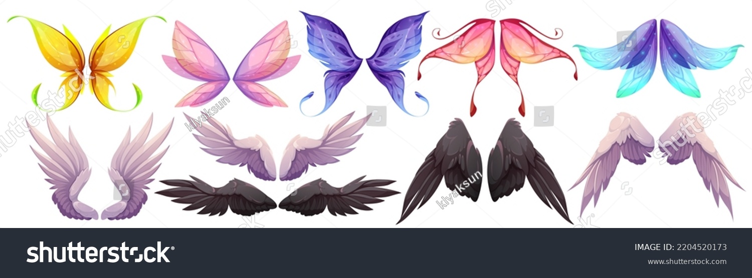 SVG of Different wings of fairy, butterfly, bird, angel with black and white feathers. Vector cartoon set of wings pairs of magic and fantasy characters and animals isolated on white background svg