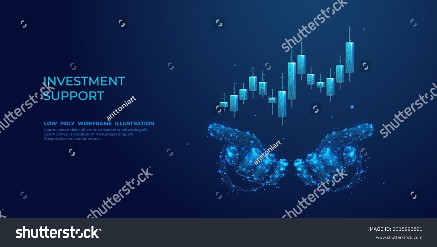 SVG of Digital abstract human hands holding 3D stock market candlestick graph chart. The conception of investment support or financial literacy help. Low polygonal vector illustration on dark blue background svg