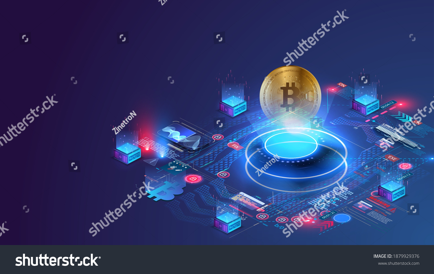 SVG of Digital currency or cryptocurrency mining farm. Creation of bitcoins. Crypto mining, blockchain concept. Crypto currency market landing page. Hologram of a Bitcoin coin on a blue futuristic background svg