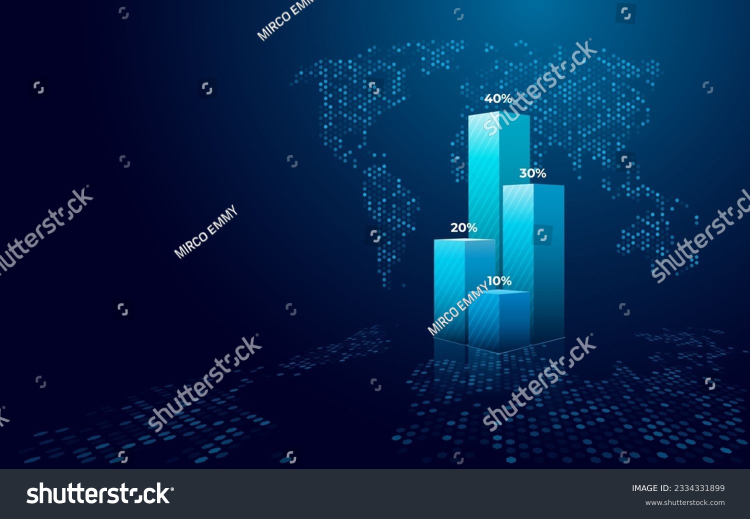 SVG of Digital 3D Bar chart with numerical values in percentage. Highlighted growth column chart and abstract hexagon world map on technology blue background. Vector illustration in futuristic hologram style svg