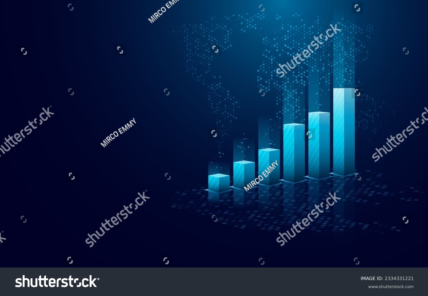 SVG of Digital 3D grow bar chart. Highlighted growth column chart and abstract hexagon world map on abstract technology blue background. Futuristic stock market concept. Vector illustration in hologram style svg