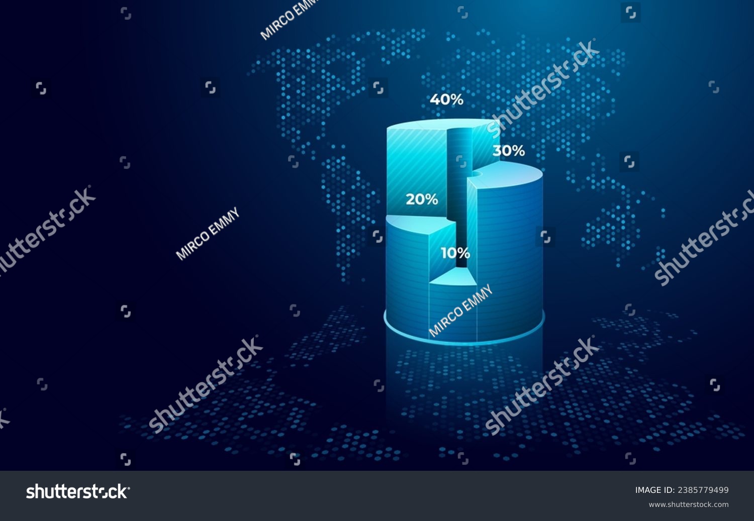 SVG of Digital 3D pie chart with numerical values in percentages. Isolated pie chart on glowing podium and abstract world map on technology blue background. Vector illustration in futuristic hologram style. svg