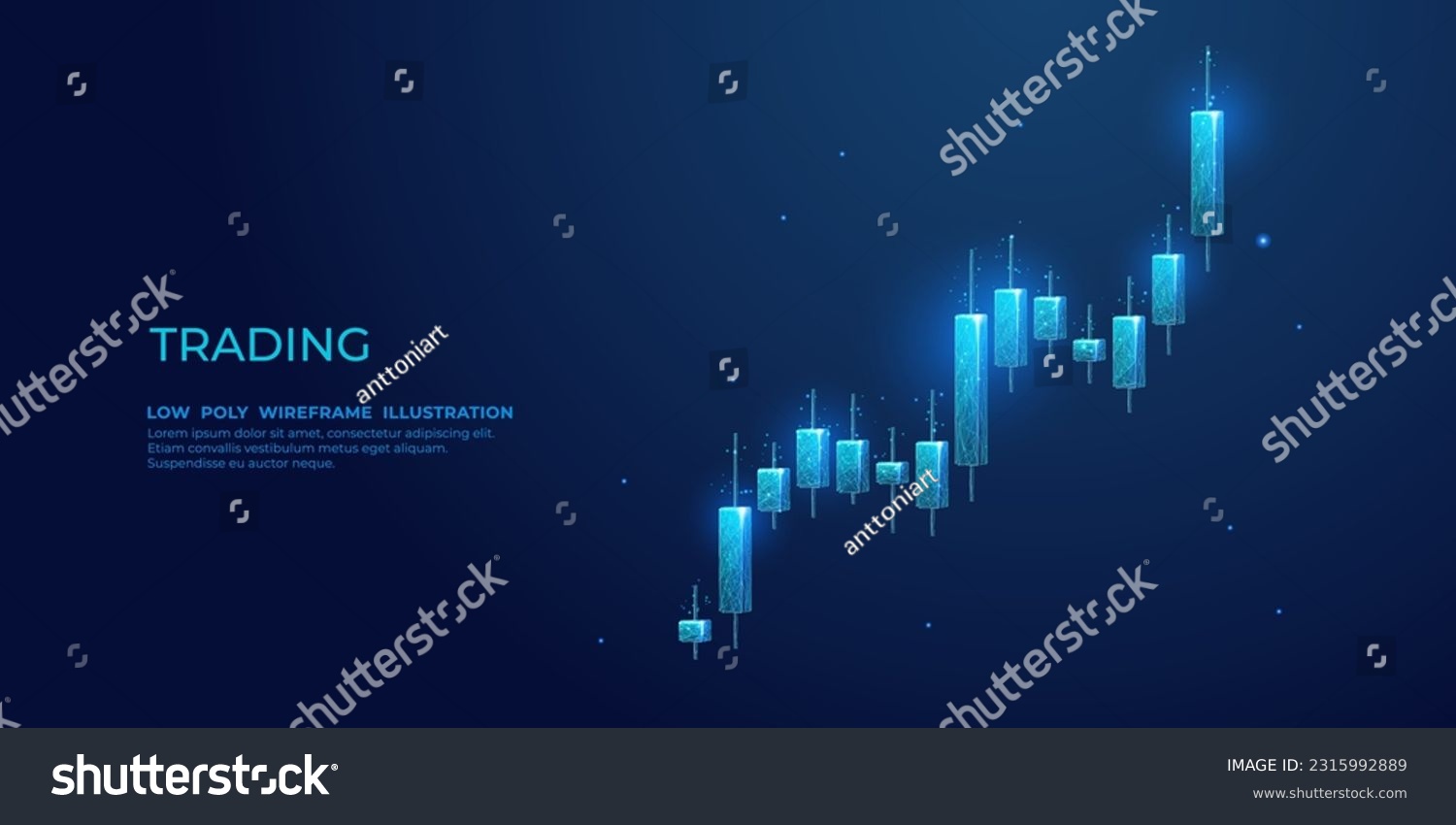 SVG of Digital 3D stock market candlestick isolated on technological dark blue background. Low poly abstract graph chart. Monochrome wireframe vector illustration with connected dots, lines, and polygons. svg