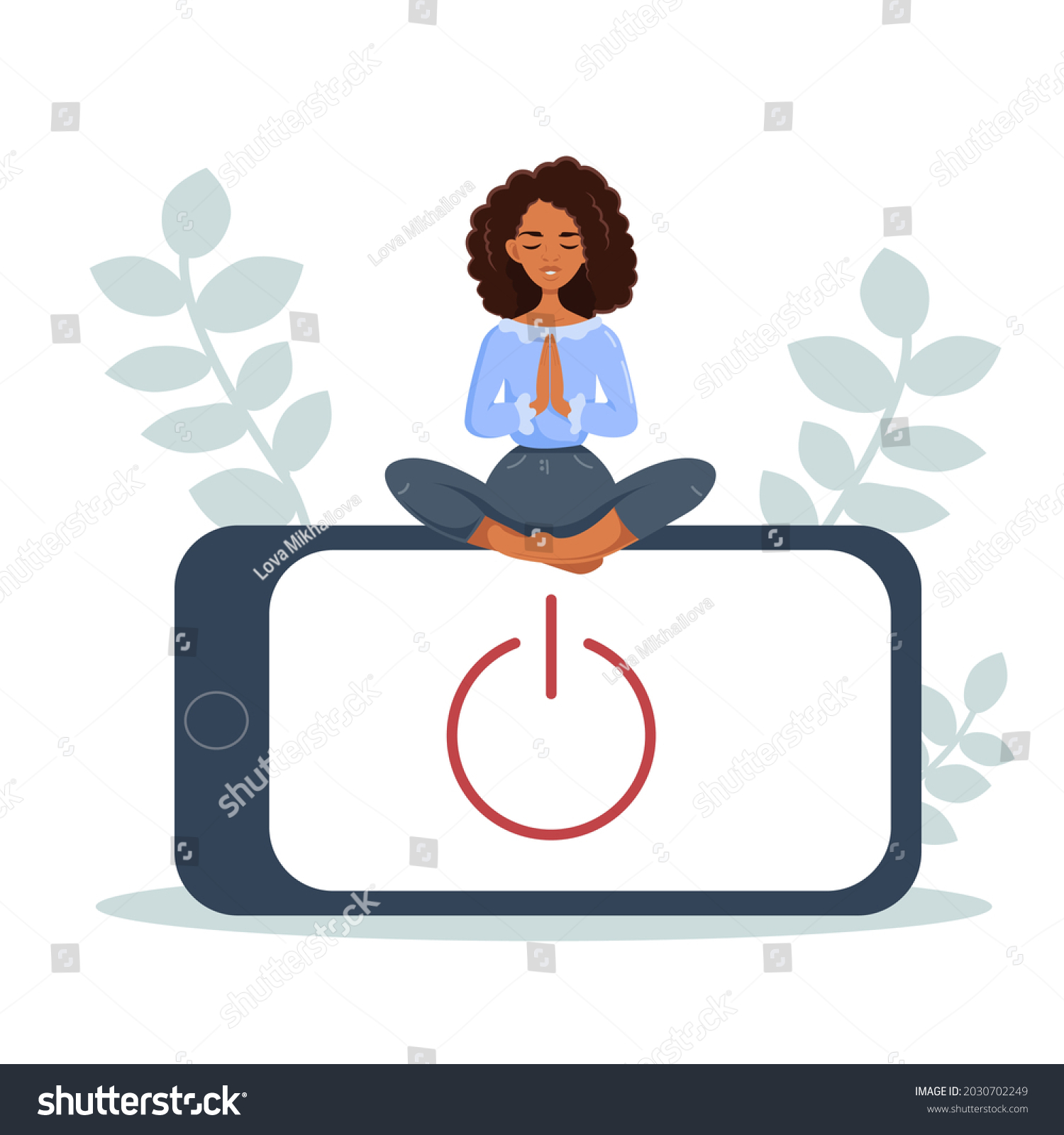SVG of Digital detox concept. A black woman meditates in the lotus position. Informational detoxification and meditation. Rejection of gadgets, devices, the Internet, communication in social networks svg