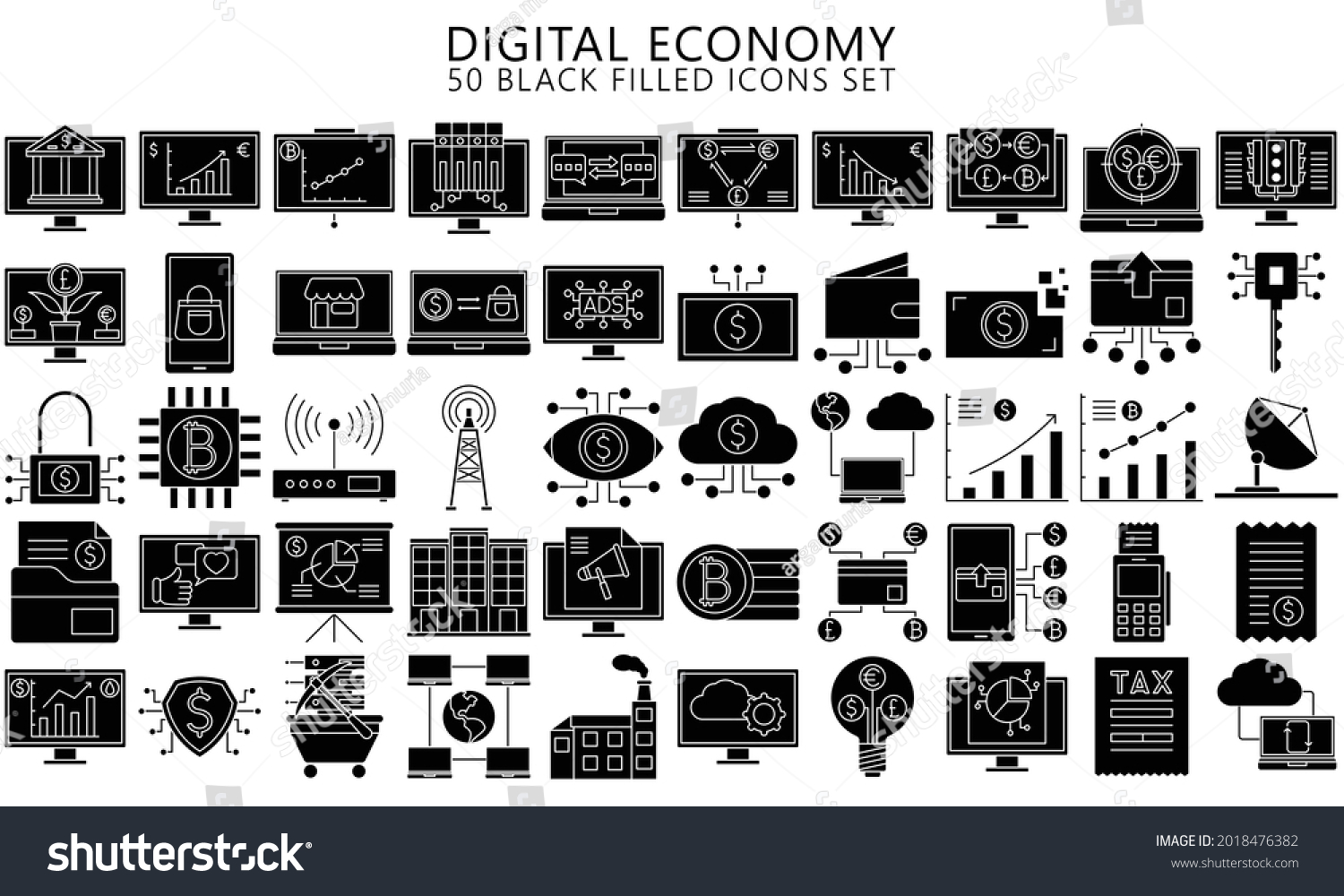 SVG of Digital Economy black filled icons set, contain such as computer, crypto currency, diagram, finance symbol, Used for modern concepts, web, UI or UX kit and applications. ready convert to SVG svg