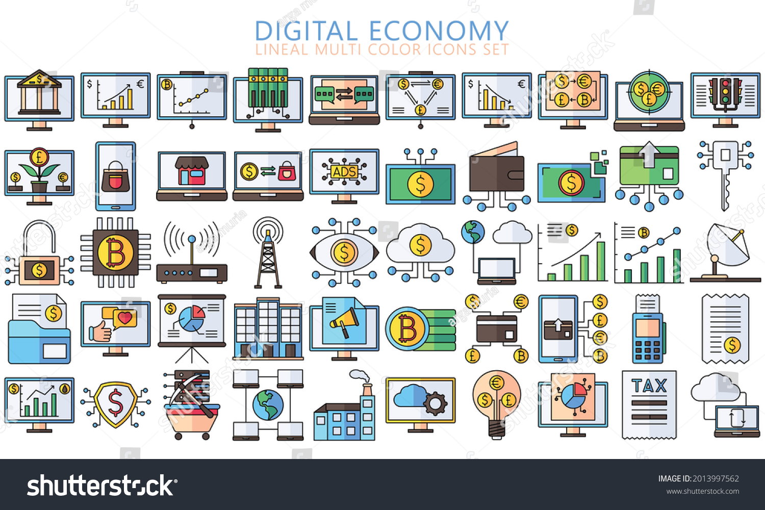 SVG of Digital Economy lineal multi-color icons set, contain such as computer, crypto currency, diagram, finance symbol, Used for modern concepts, web, UI or UX kit and applications. ready convert to SVG svg