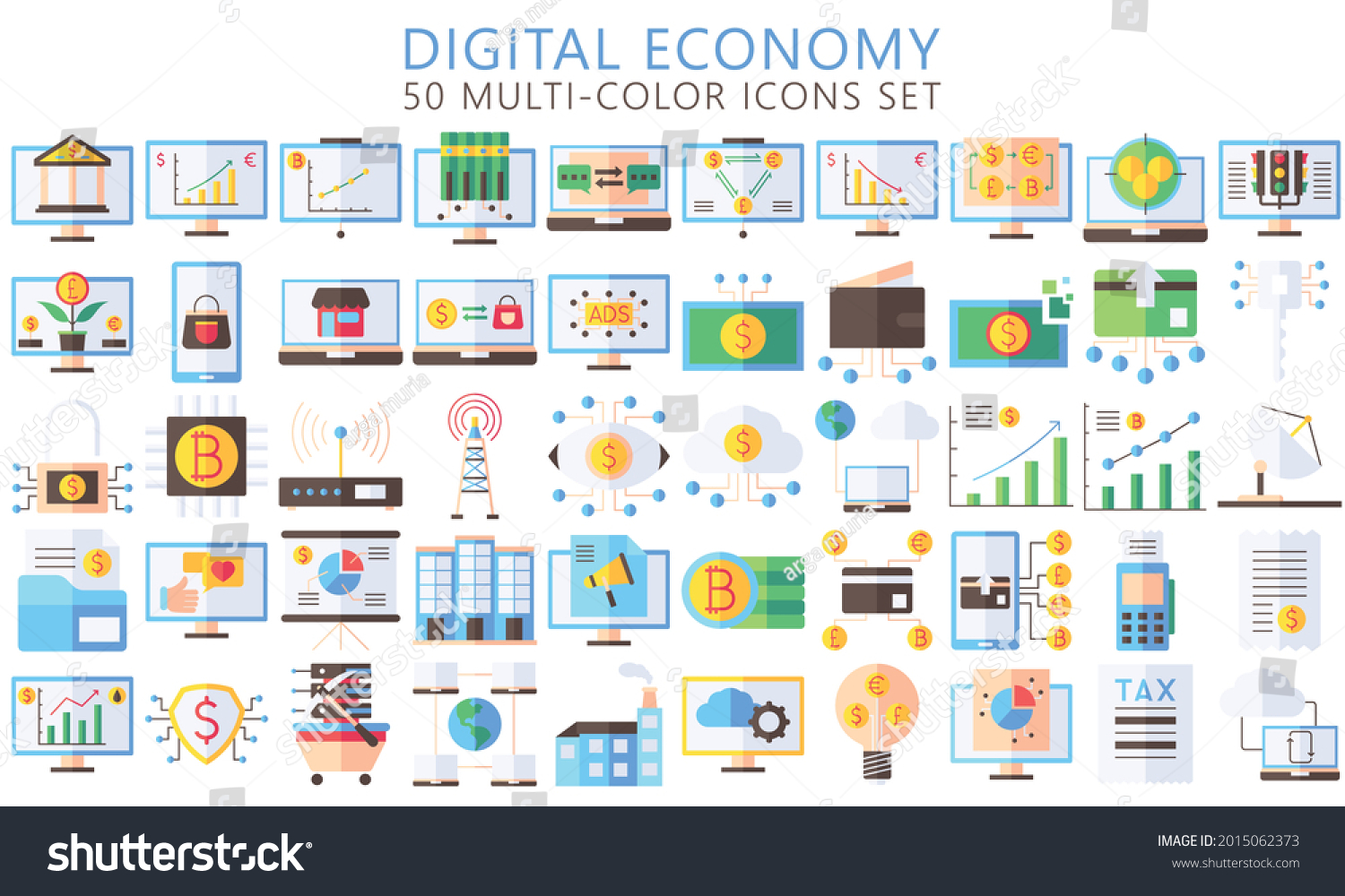 SVG of Digital Economy multi-color icons set, contain such as computer, crypto currency, diagram, finance symbol, Used for modern concepts, web, UI or UX kit and applications. EPS 10 ready convert to SVG svg