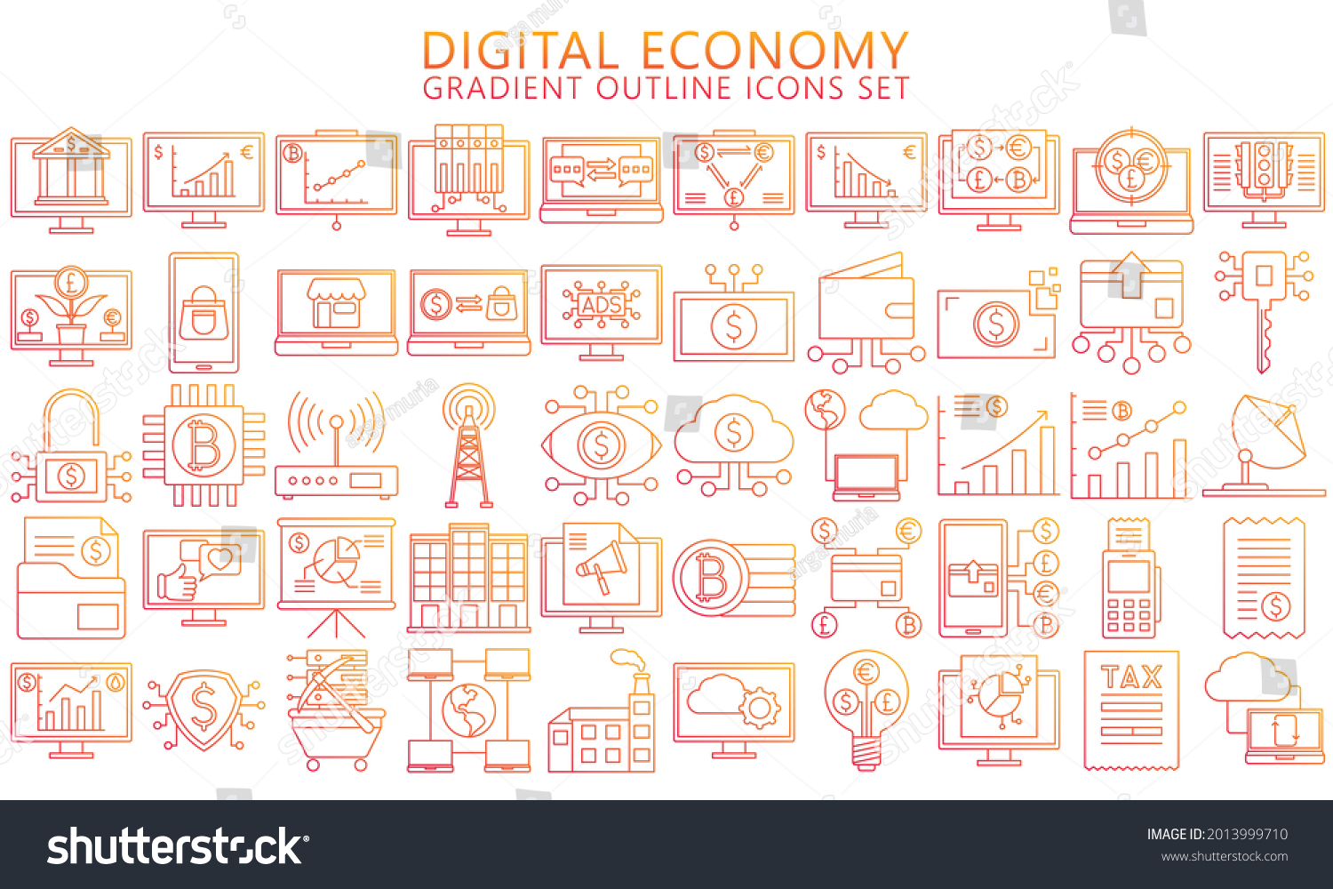 SVG of Digital Economy thin gradient outline icons set, contain such as computer, crypto currency, diagram, finance symbol, Used for modern concepts, web, UI, UX kit and applications. ready convert to SVG svg