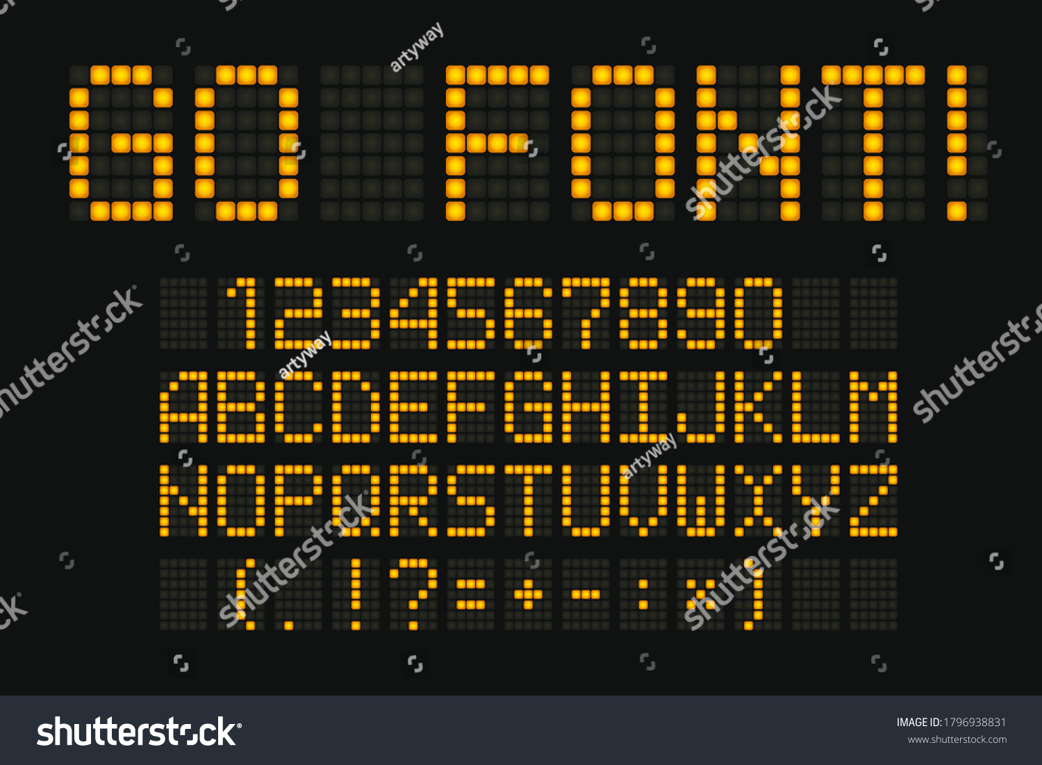 SVG of Digital font for led board, scoreboard, clock board. Yellow typeset for electronic display. Infoboard letters, signs and numbers collection on black background. svg