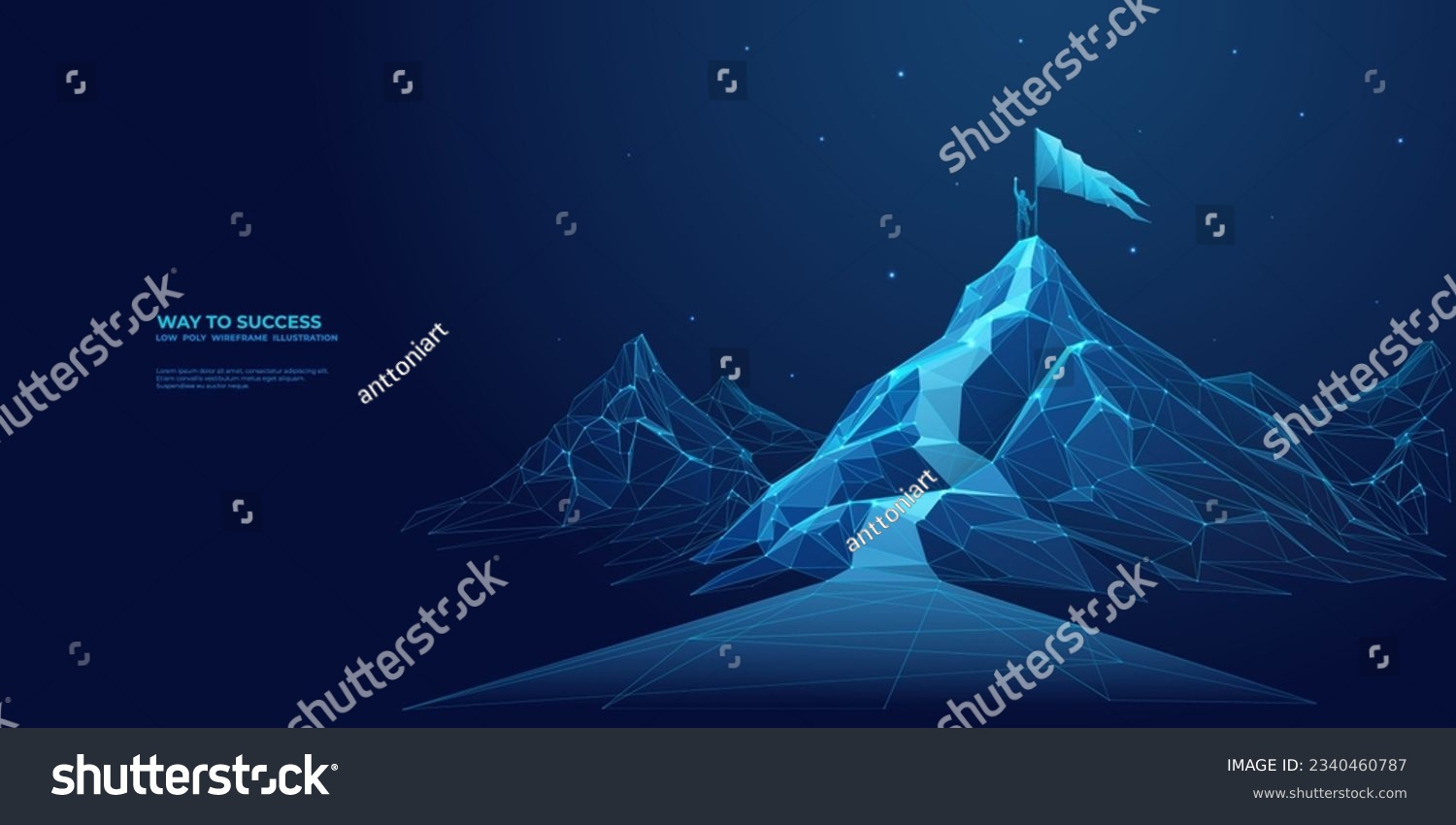 SVG of Digital mountain with a flag and a professional climbing businessman on the top. Abstract goals achievement and ambitions concept. Technology dark blue background with peaks and constellations. svg