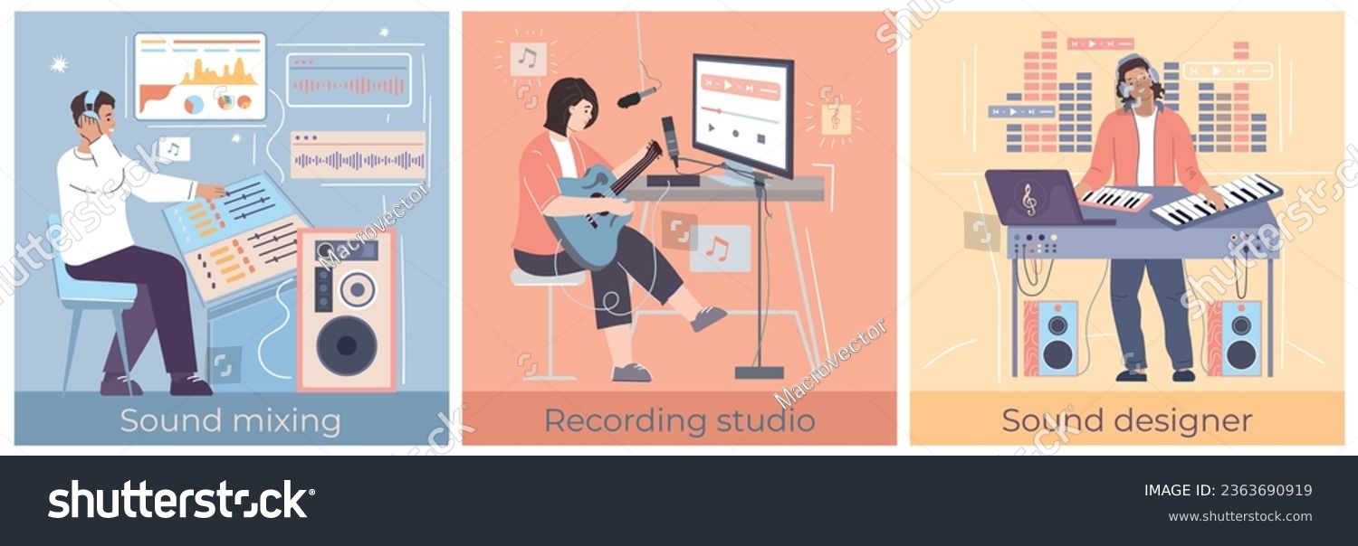 SVG of Digital music creation concept set with sound designers and musicians recording songs using mixing equipment isolated vector illustration svg