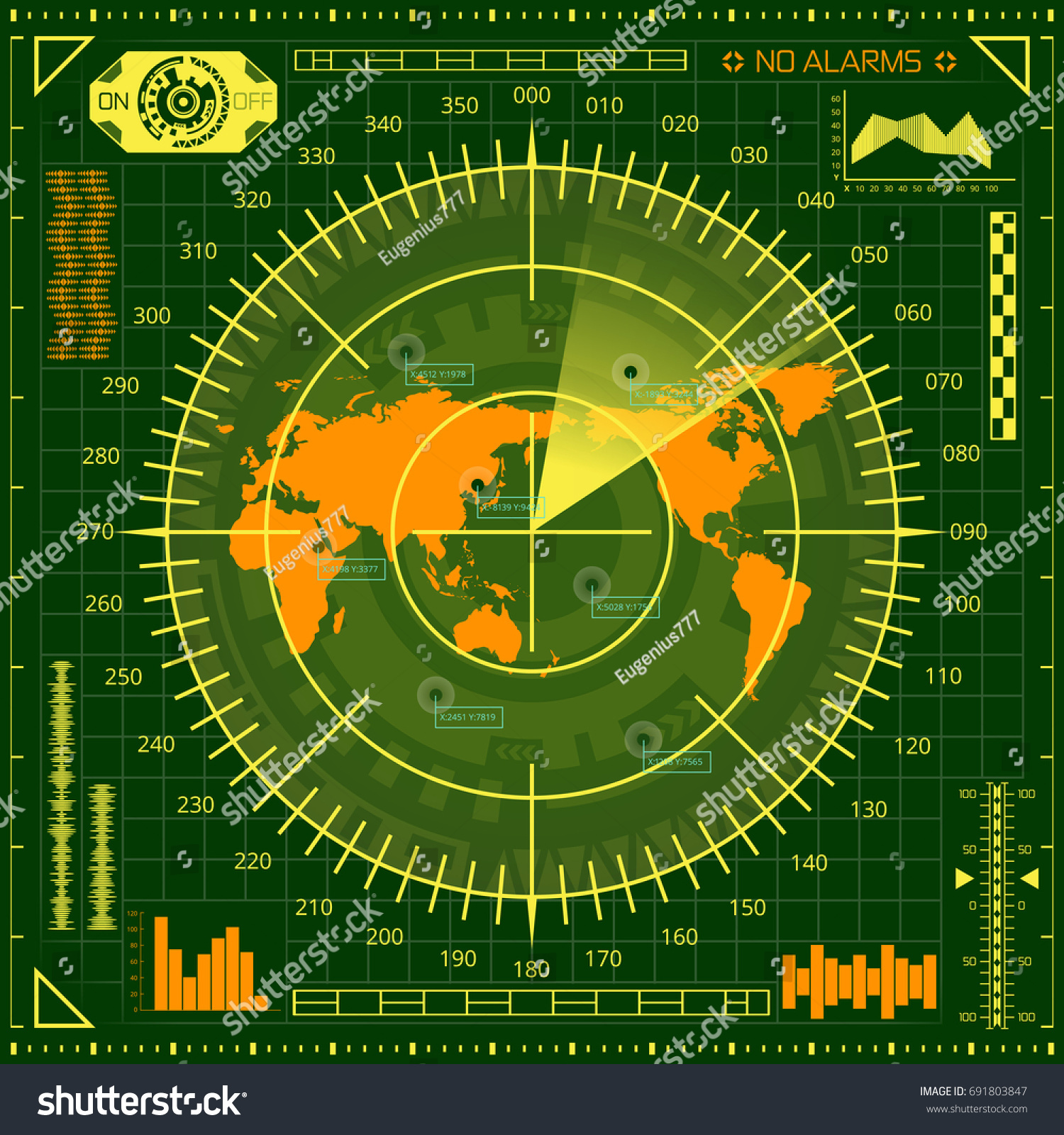 Digital Radar Screen With World Map, Targets And Circuit Board Elements