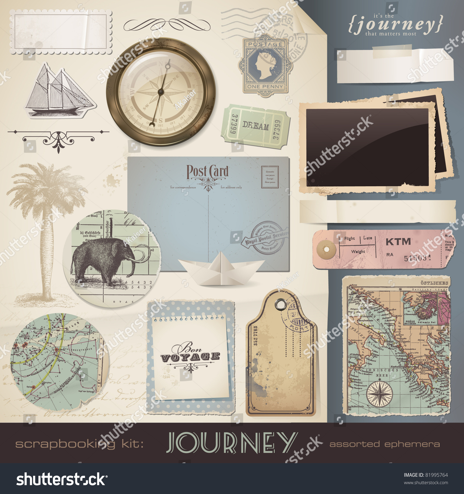 SVG of digital scrapbooking kit: Journey - assorted ephemera and paper objects for your travel and vacation layouts (eps10 file) svg