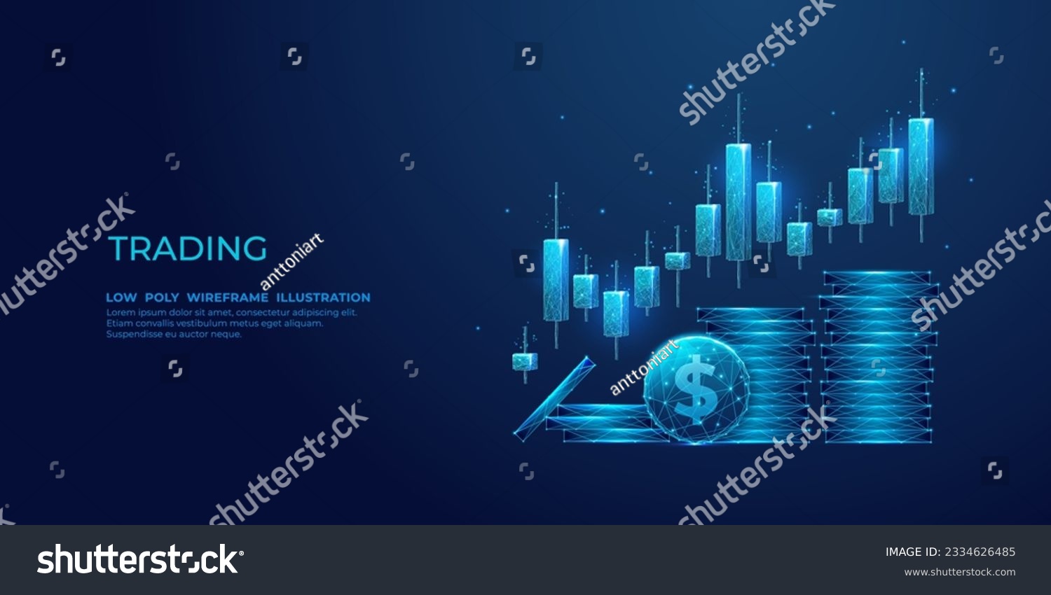 SVG of Digital stock exchange trading. Investment candle sticks and dollar coins in blue modern abstract polygonal style with 3D effect on the technological background. Low poly wireframe vector illustration svg