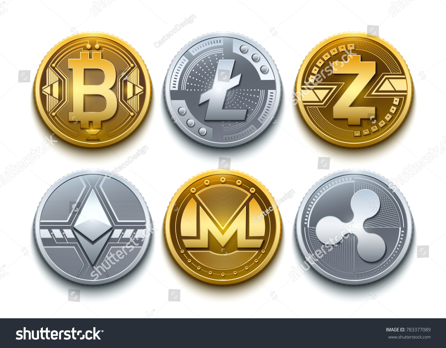 SVG of Digital vector cryptocurrency set icons. Bitcoin, Ethereum, Litecoin, Monero, Ripple, Zcash detailed coins svg
