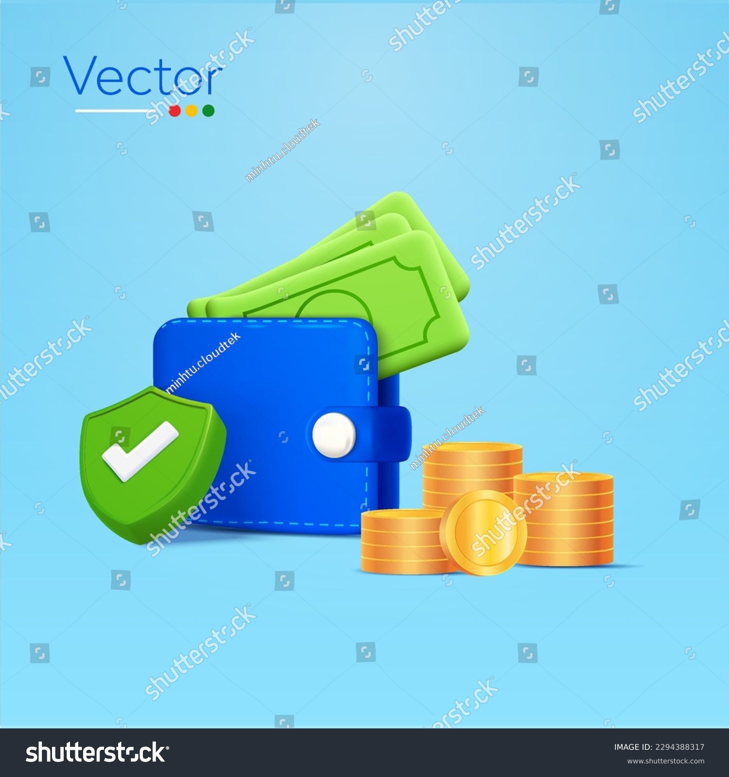 SVG of Digital wallet with dollar, green check mark, coin stacks on the right, isolated on background. Minimal design concept for finance, business advertising. 3d vector illustration svg
