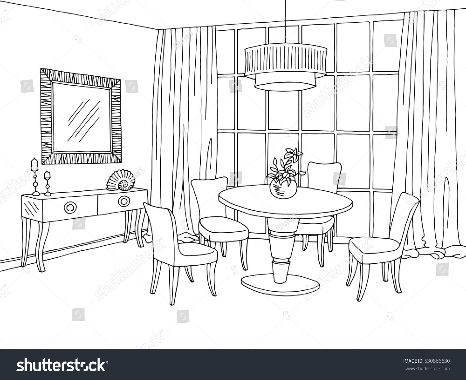 Dining Room Graphic Black White Sketch Stock Vector 530866630