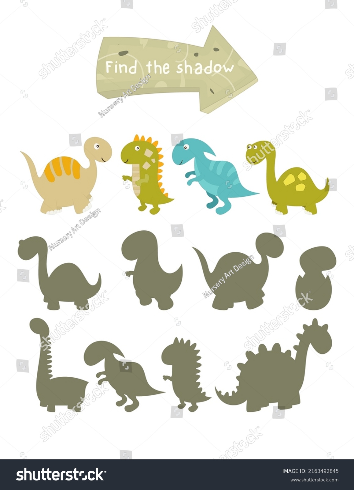 SVG of Dinosaur activities for kids. Find the correct shadow for funny dinosaurs. Vector illustration. svg
