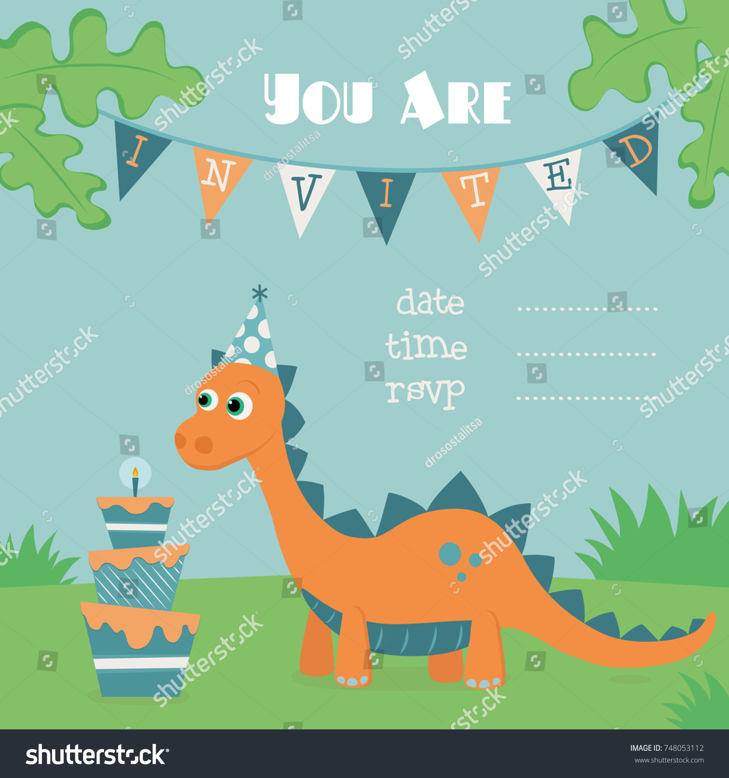 Download Dinosaur Birthday Invitation Illustration Orange Dino Stock Vector Royalty Free 748053112