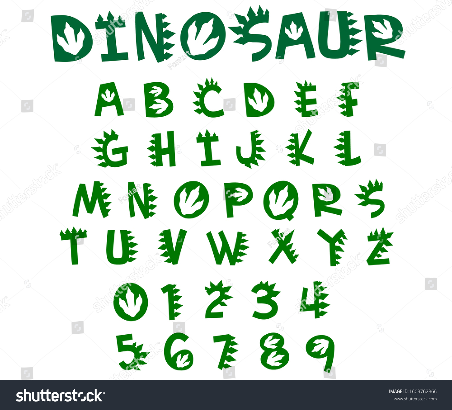 SVG of Dinosaur font vector. Green letters and numbers of prehistoric reptile. svg