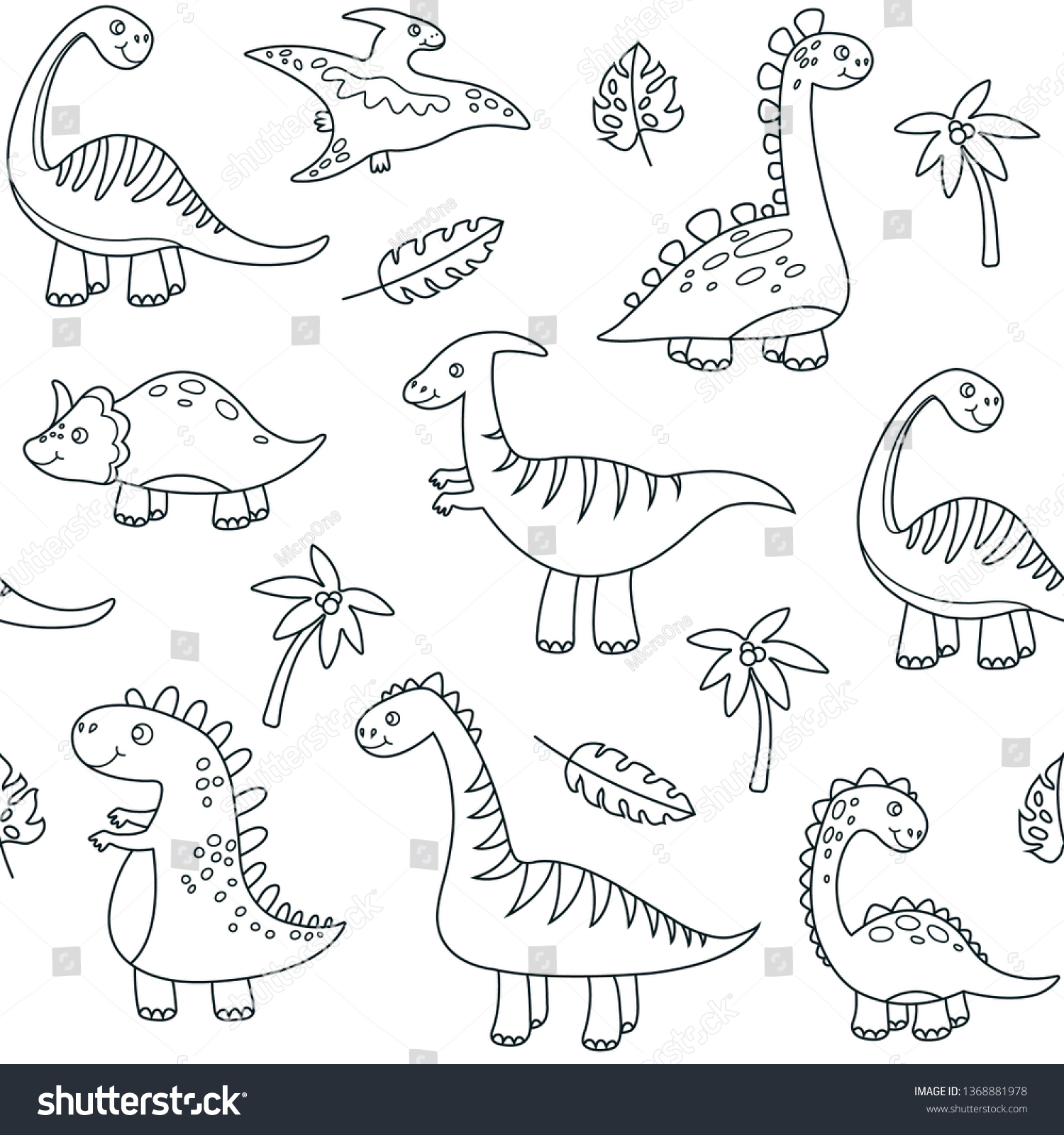 SVG of Dinosaur outline seamless pattern. Cute baby dino funny brontosaurus monsters jurassic animals dragon dinosaurs vector kids textile svg