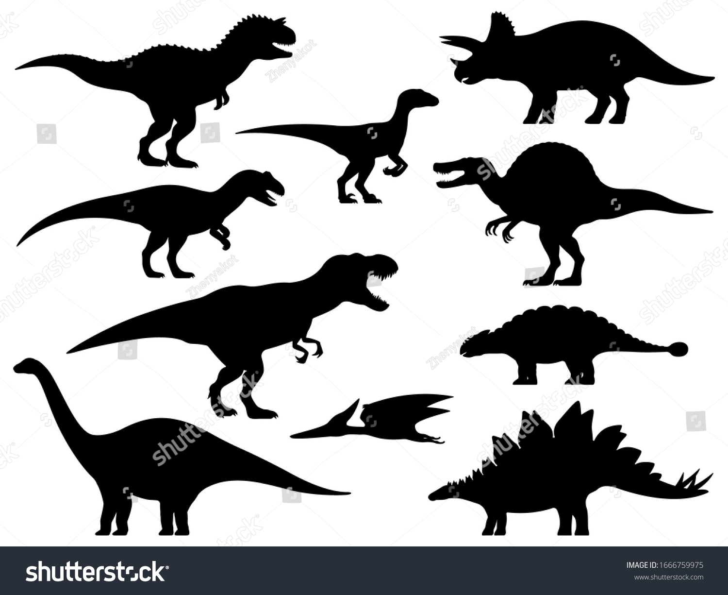 SVG of Dinosaur silhouette. Icon Jurassic Monsters T-rex Stegosaurus Triceratops Pterodactyl Spinosaurus Apatosaurus Allosaurus Carnotaurus Ankylosaurus Velociraptor. Vector group set of dino silhouettes. svg