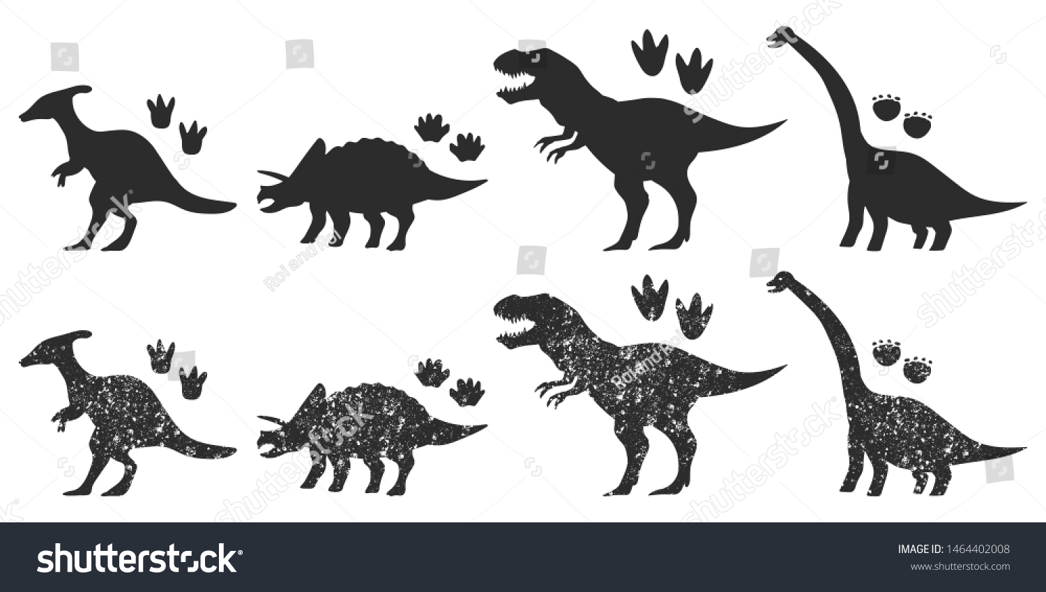 SVG of Dinosaurs and footprints black silhouette vector set isolated on a white background. svg