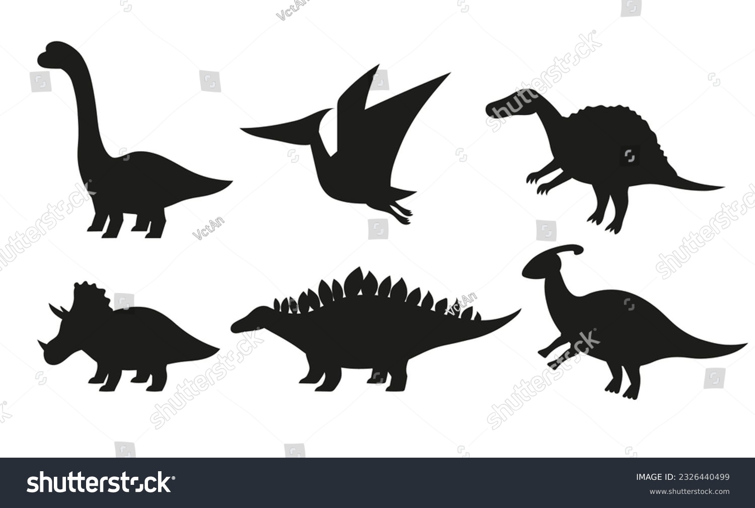 SVG of Dinosaurs black silhouettes set. Collection of stegosaurus, brontosaurus, triceratops, diplodocus, spinosaurus isolated on white background. svg