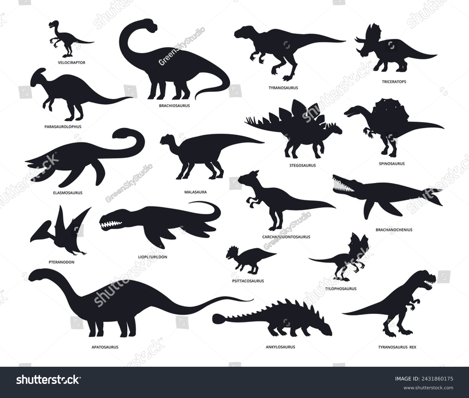 SVG of Dinosaurs silhouettes. Ancient Jurassic reptiles, black ink stegosaurus, brontosaurus and pterodactyl silhouettes flat vector illustration set. Dino monsters silhouette collection svg