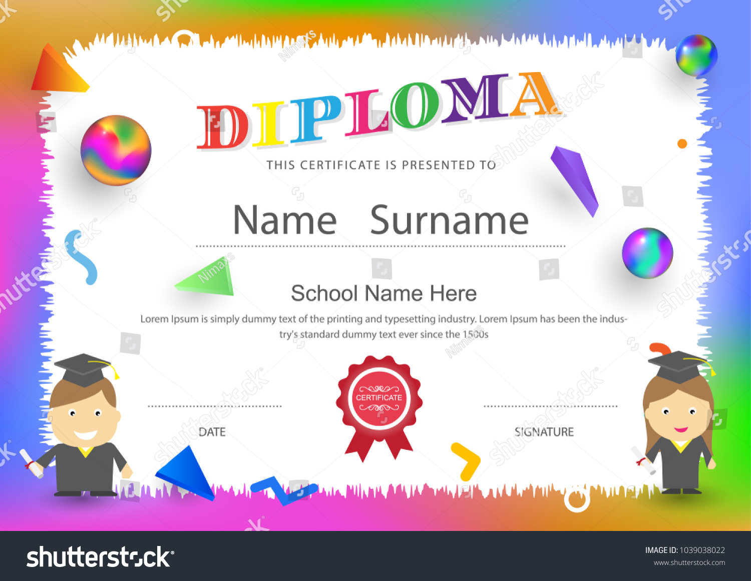 Diploma Certificate Preschool Kids Elementary School Stock Vector ...