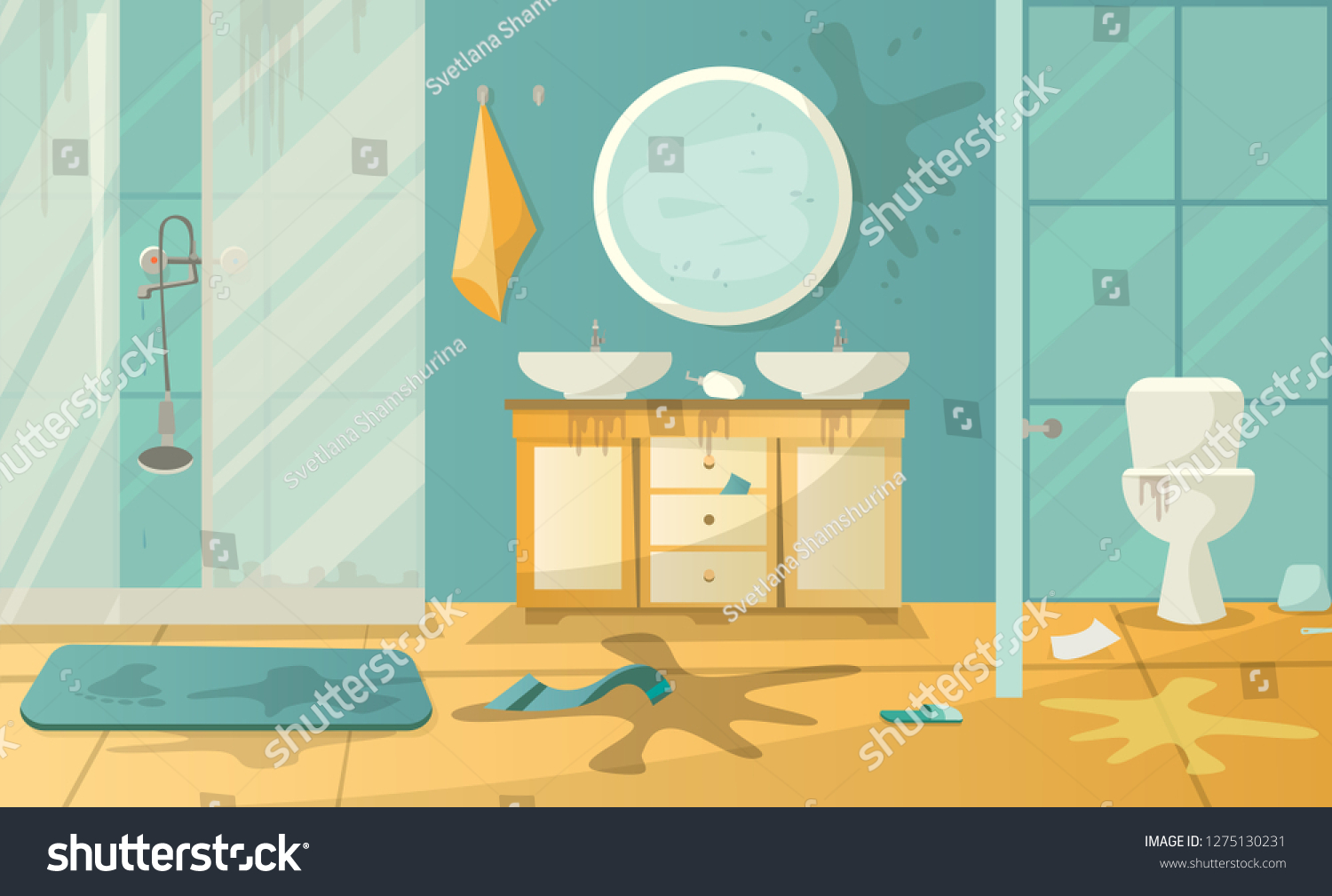 SVG of Dirty interior of bathroom with toilet sink shower cabbin and accessories in a modern style. svg
