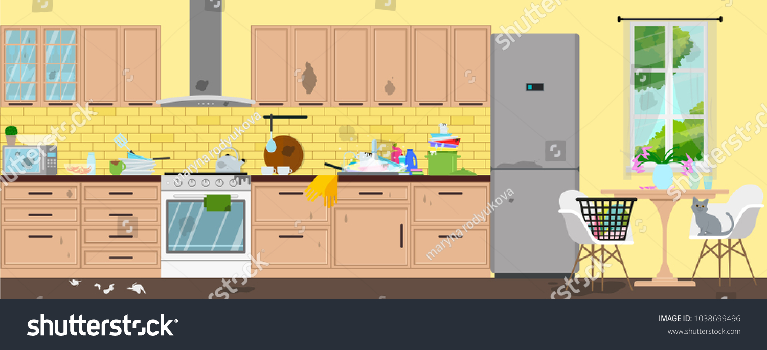 551 Messy Kitchen Cartoon Images Stock Photos Vectors Shutterstock   Stock Vector Dirty Kitchen Disorder In The Interior Vector Flat Illustration 1038699496 