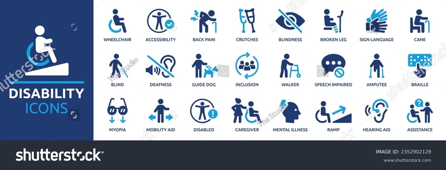 SVG of Disability icon set. Containing wheelchair, accessibility, blind, broken leg, disabled, assistance and deafness icons. Solid icon collection. Vector illustration. svg