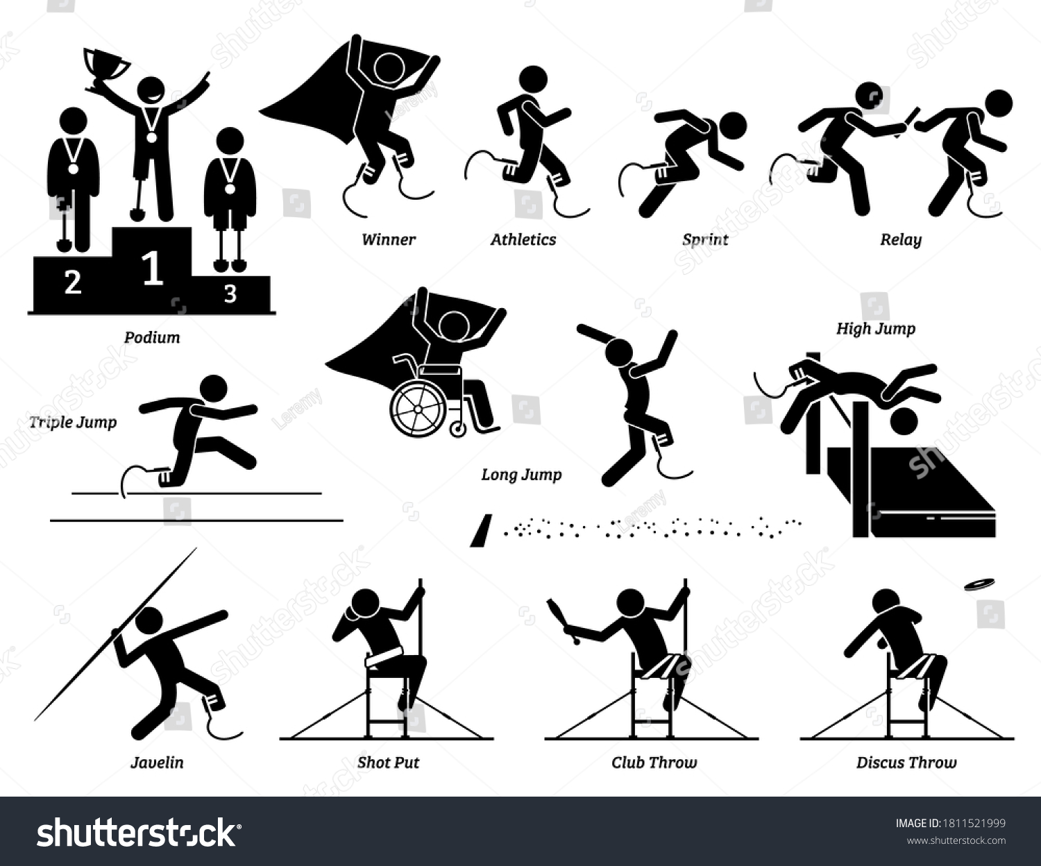 SVG of Disabled field and track sports games for handicapped athlete stick figures icons. Vector symbols of competitive sport game for people with disabilities.  svg