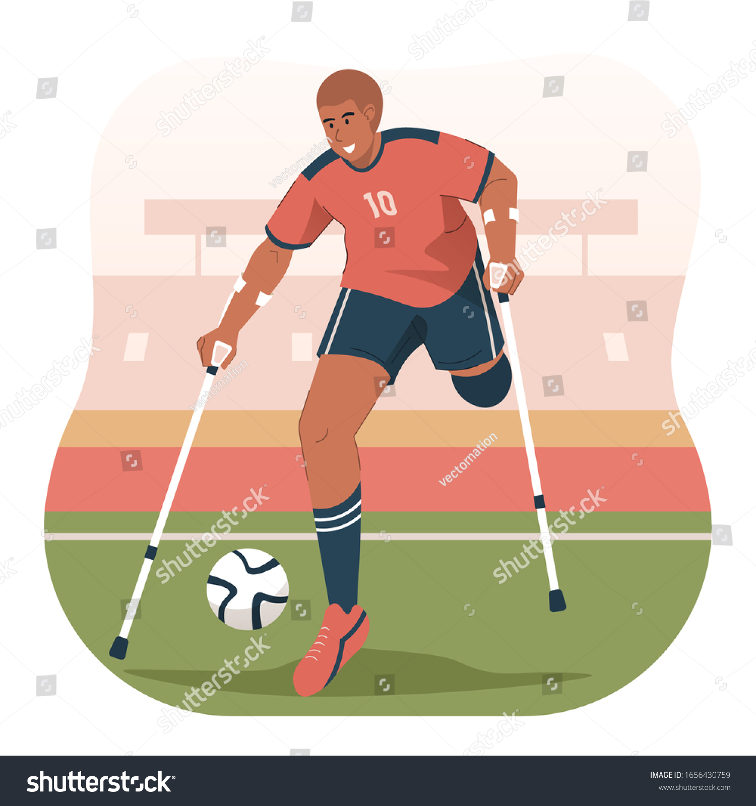 SVG of Disabled man with crutches playing football in stadium. Paralympic soccer athlete svg