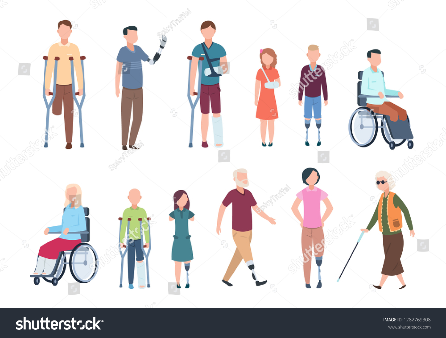 SVG of Disabled persons. Diverse injured people in wheelchair, elderly, adult and children patients. Handicapped characters vector set svg