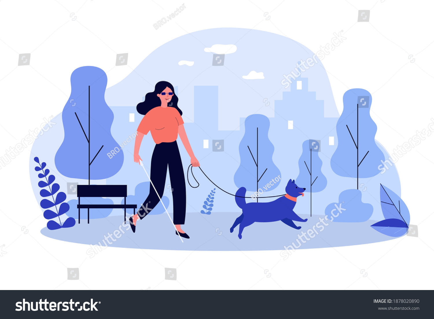 SVG of Disabled woman walking with guide dog. Blind person with cane in city park flat vector illustration. Disability, companion animals, therapy concept for banner, website design or landing web page svg