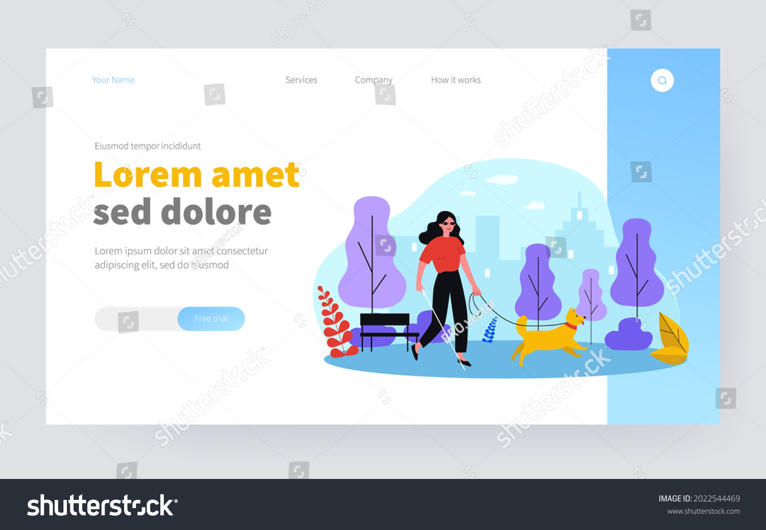 SVG of Disabled woman walking with guide dog. Blind person with cane in city park flat vector illustration. Disability, companion animals, therapy concept for banner, website design or landing web page svg