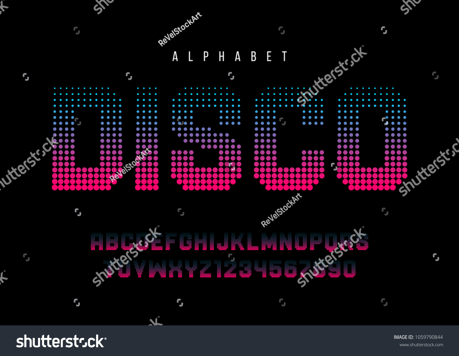 SVG of Disco dotted halftoned display font design, alphabet, typeface, letters and numbers, typography. Swatch color control. svg