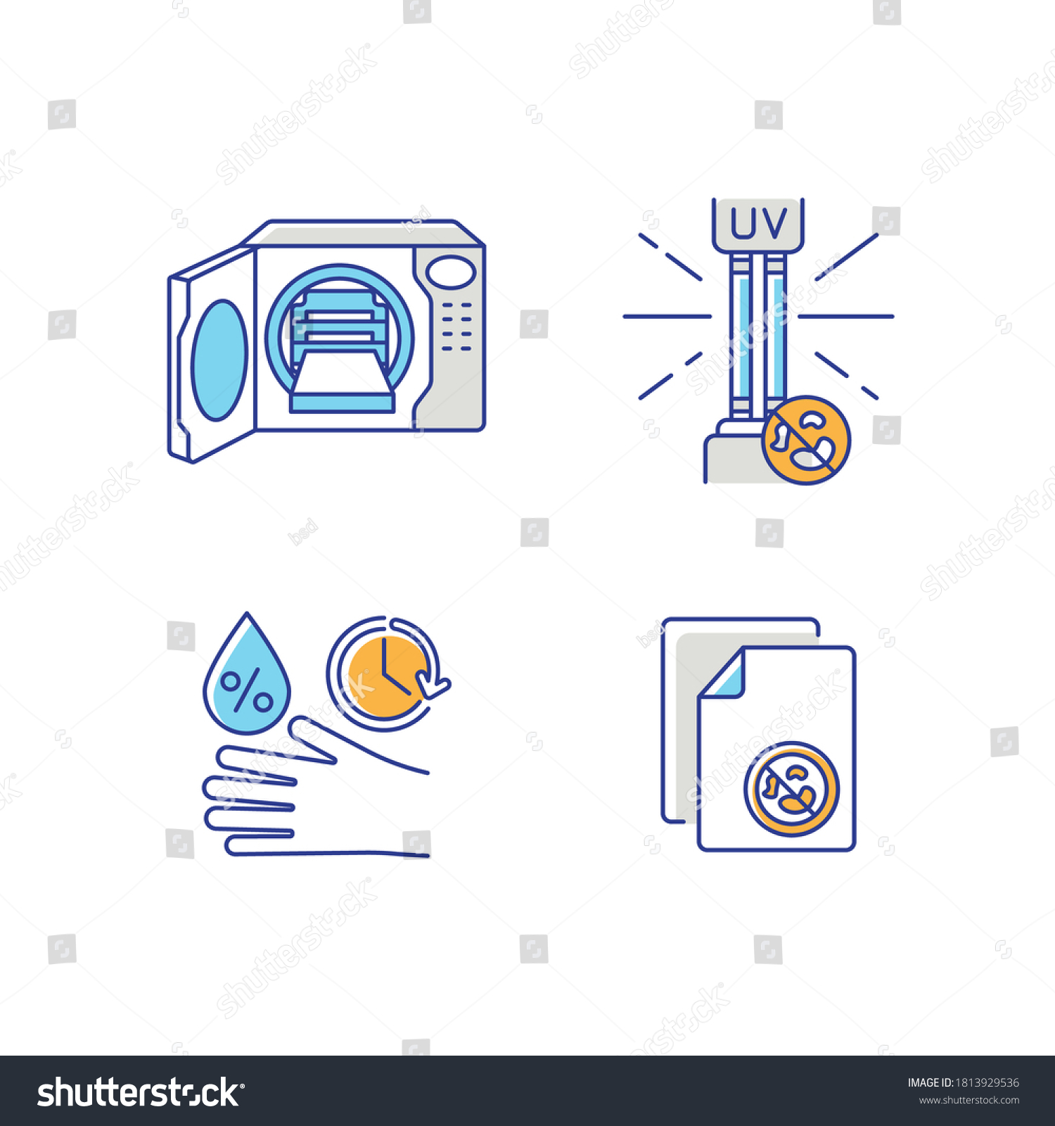 SVG of Disinfection equipment RGB color icons set. UV lamp, autoclave and antibacterial wipes. Sanitation tools, professional disinfectants. Isolated vector illustrations svg