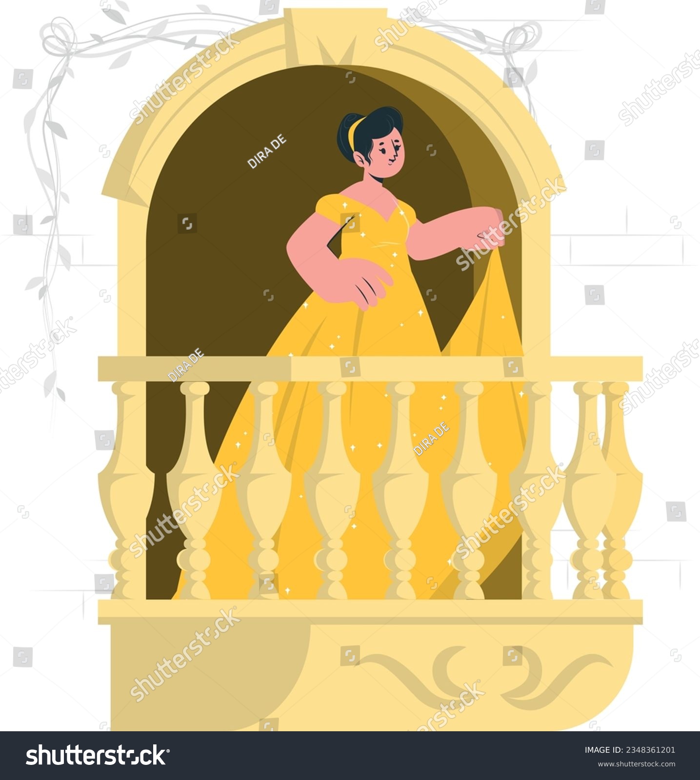 SVG of Disney princess stands in castle balcony wears yellow dress holds her dress vector svg
