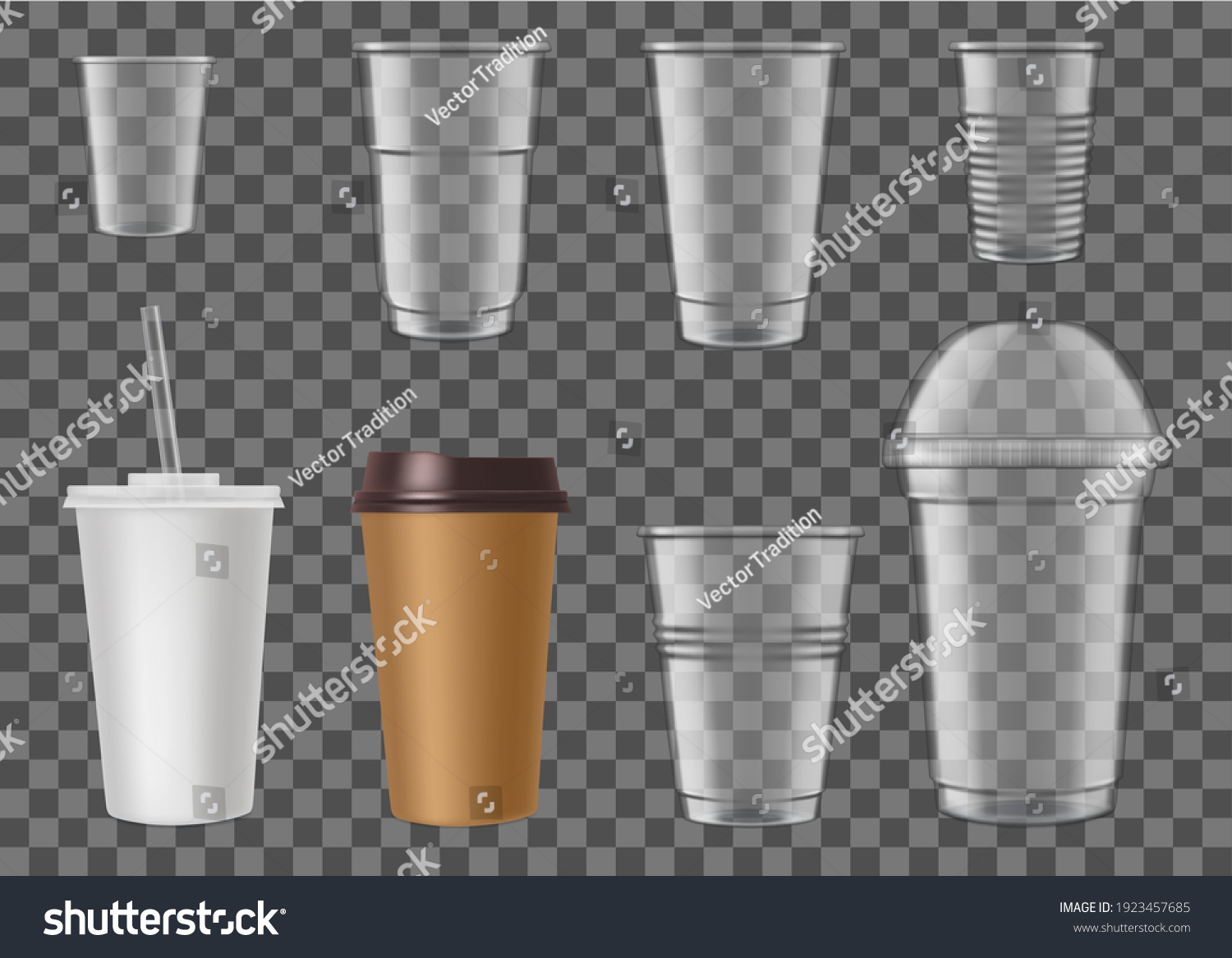 SVG of Disposable plastic cups for fast food cafe drinks mockup. Empty cardboard and plastic containers for hot and cold beverages, coffee, beer and cocktails with straw and lid 3d realistic vector templates svg