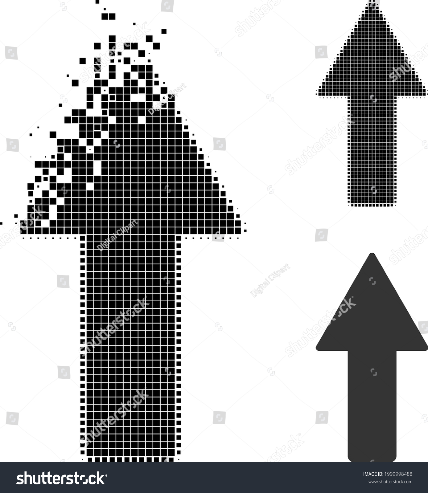 SVG of Dissipated pixelated arrow up glyph with halftone version. Vector destruction effect for arrow up icon. Pixelated creation effect for arrow up demonstrates movement of cyberspace matter. svg