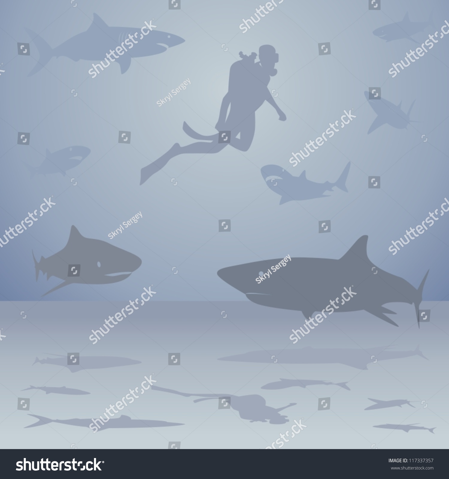 Diver Swims Sea Sharks Contour Illustration Stock Vector (Royalty Free ...