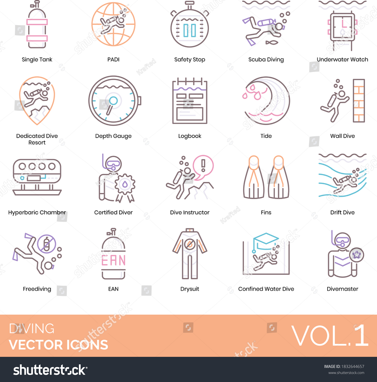 SVG of Diving icons including single tank, PADI, safety stop, dedicated resort, depth gauge, logbook, tide, wall, hyperbaric chamber, certified diver, instructor, fins, drift, freediving, EAN, divemaster. svg