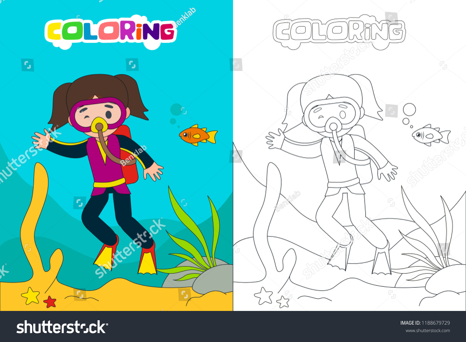 Diving Kids Coloring Book Page Vector Stock Vector (Royalty Free ...